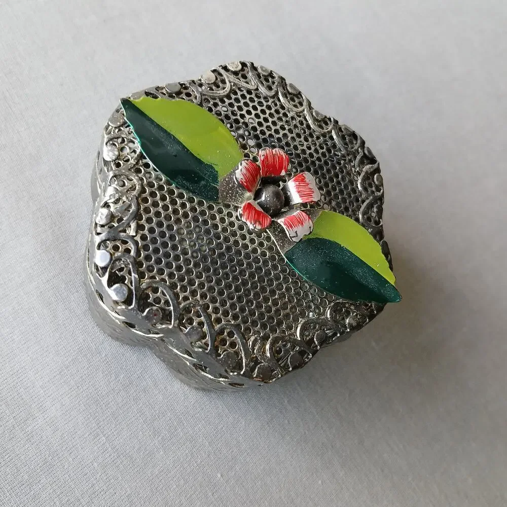 Vintage Filigree Metal Flower Top Box 2.5